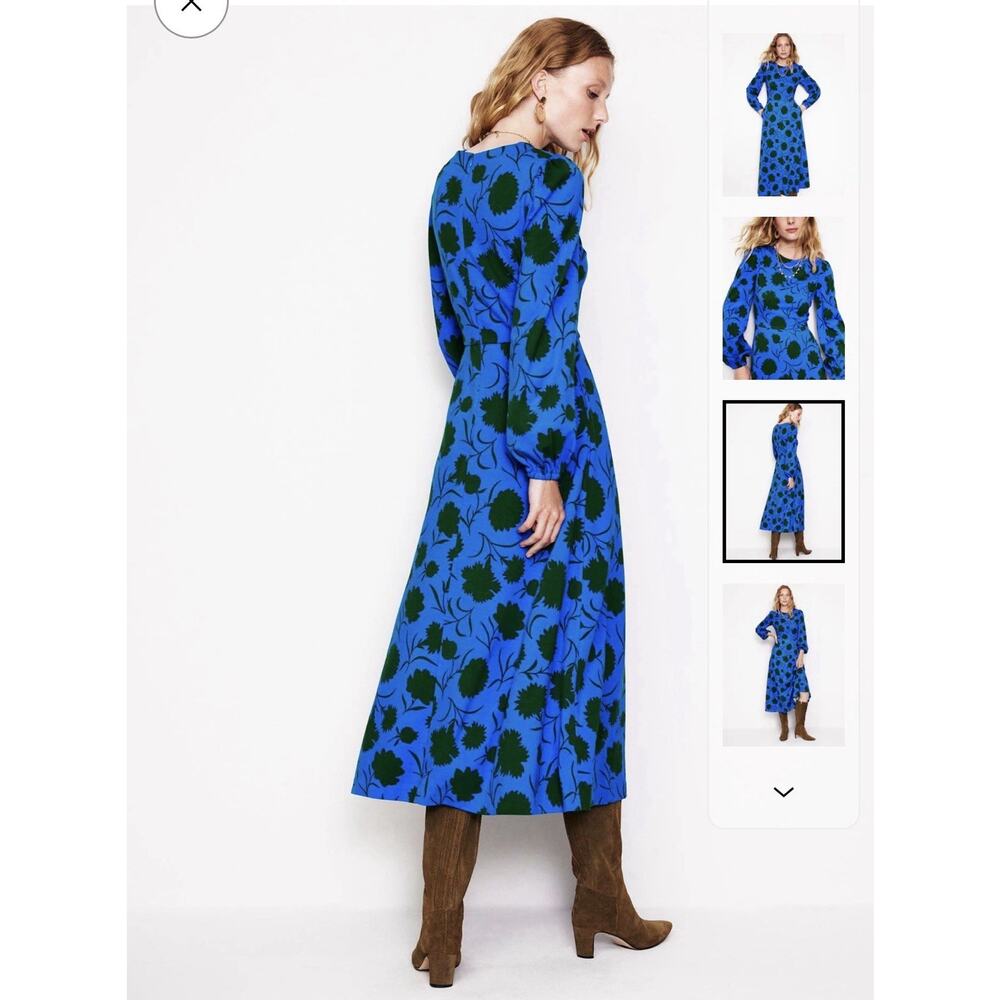 Boden Floral Long Sleeve Midi Dress Green Blue Size US 12R UK 16R Pockets A-line - Picture 4 of 10
